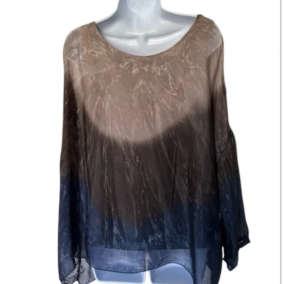 Saks Fifth Avenue Italy silk blouse tie dye tab sleeves crochet bohemian S - Picture 2 of 8